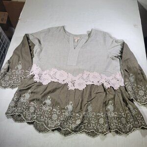 LOGO Lavish Beige/Olive Lace Embroidered Floral Cotton Blend Tunic Top Size M